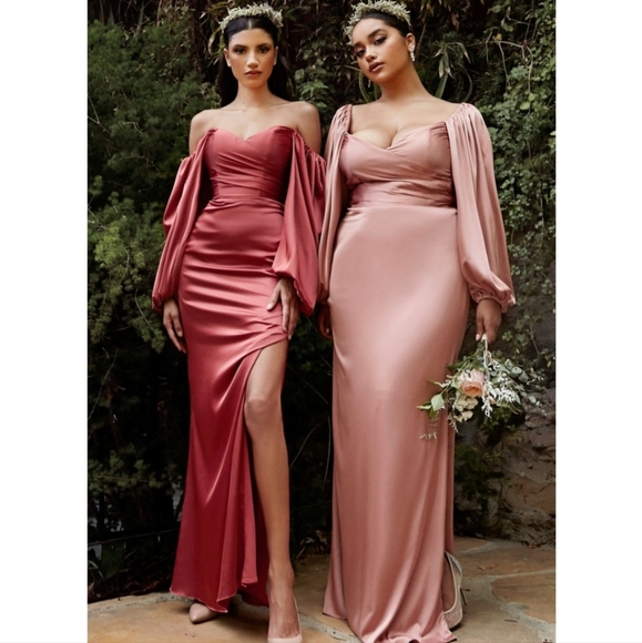 Sage Long Sleeve Off The Shoulder Soft Satin Fitted Dress - Picture 6 of 14